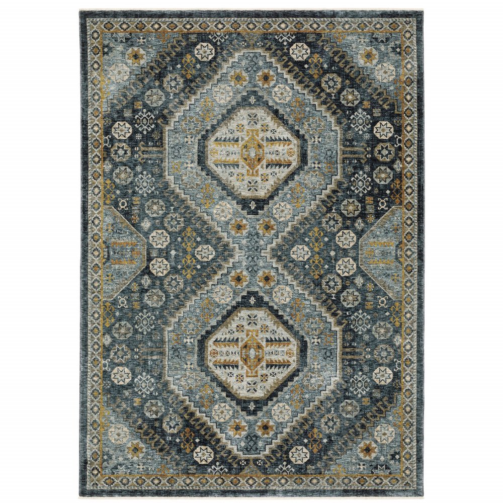 2' X 8' Blue Gold Ivory And Navy Oriental Power Loom Stain Resistant Runner Rug With Fringe