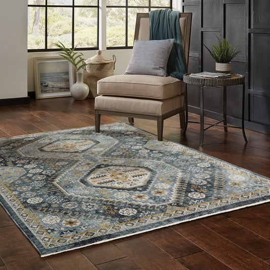 2' X 8' Blue Gold Ivory And Navy Oriental Power Loom Stain Resistant Runner Rug With Fringe
