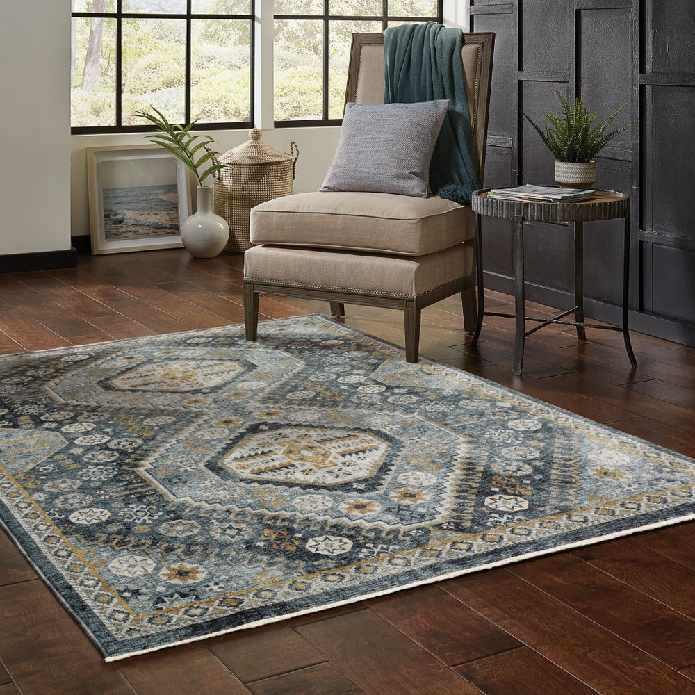 2' X 8' Blue Gold Ivory And Navy Oriental Power Loom Stain Resistant Runner Rug With Fringe