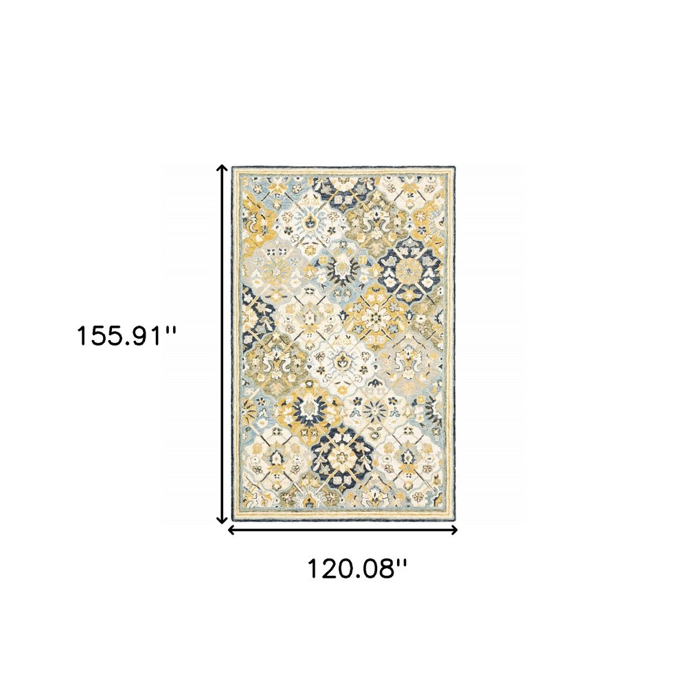 4' X 6' Blue Green Gold Navy And Ivory Geometric Tufted Handmade Stain Resistant Area Rug