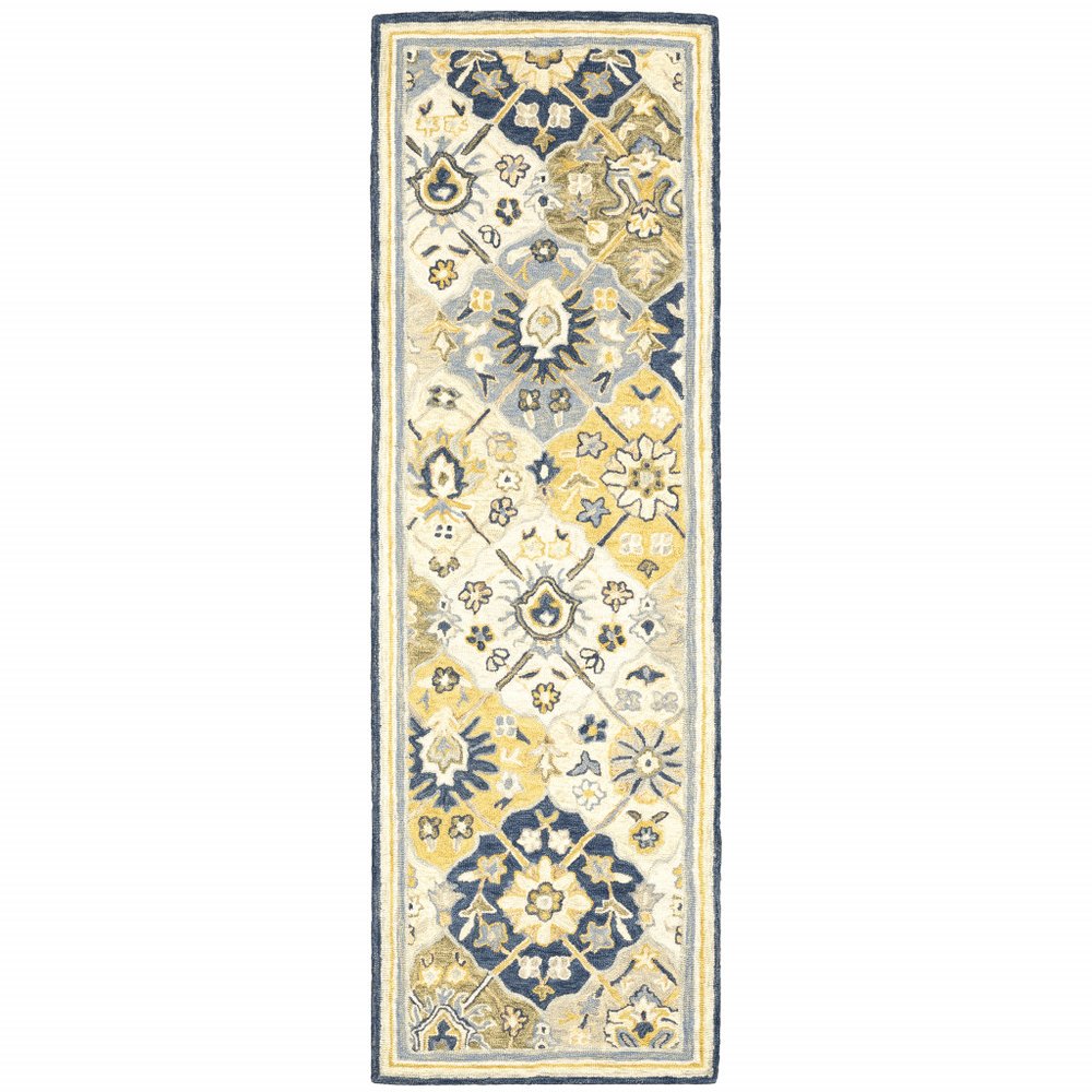 4' X 6' Blue Green Gold Navy And Ivory Geometric Tufted Handmade Stain Resistant Area Rug