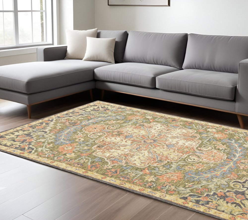 8' Blue and Orange Oriental Hand Tufted Runner Rug