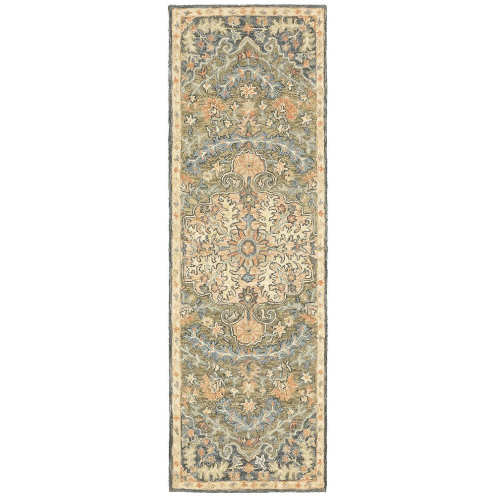 8' Blue and Orange Oriental Hand Tufted Runner Rug