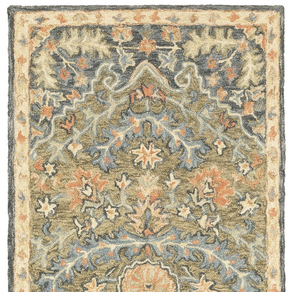 8' Blue and Orange Oriental Hand Tufted Runner Rug
