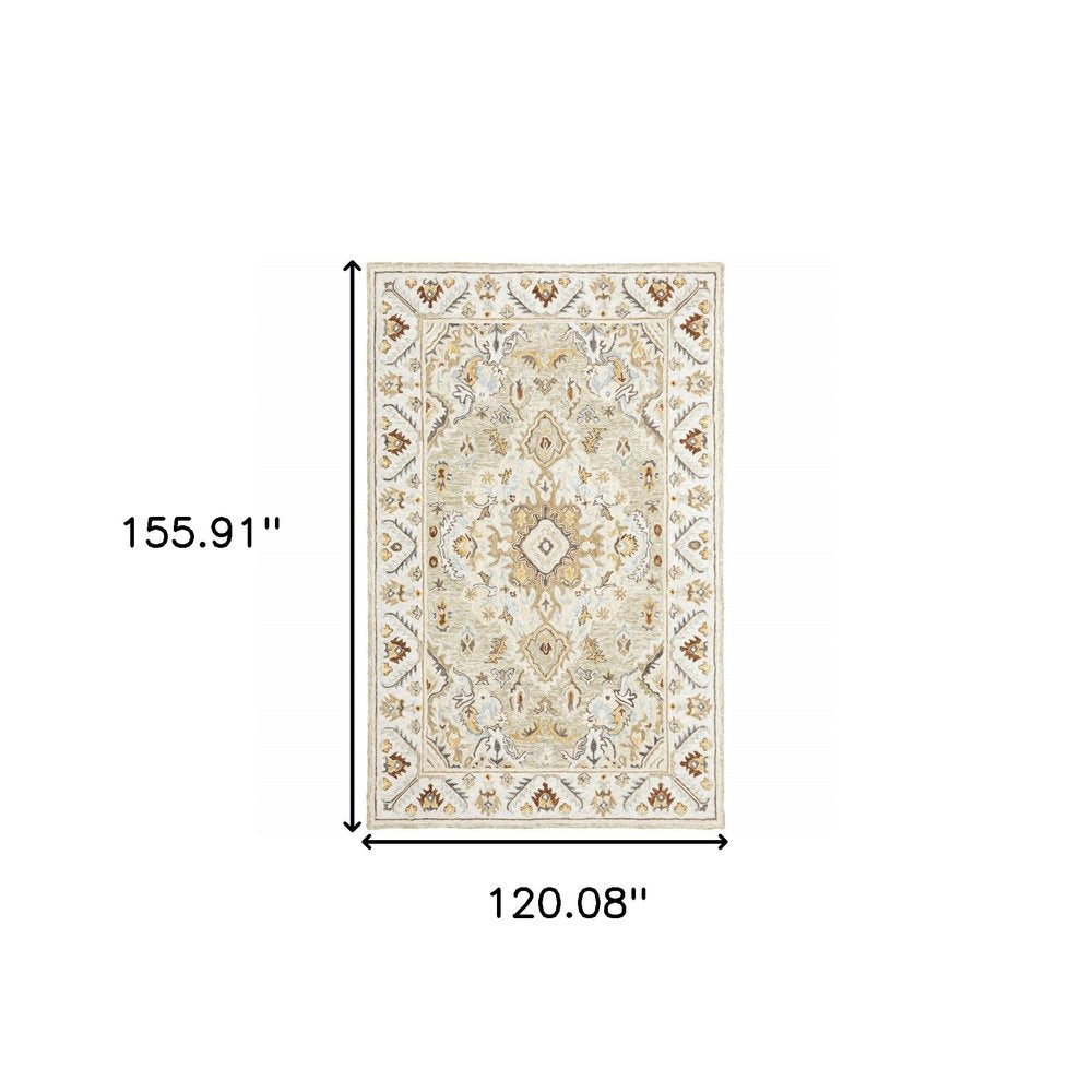 5' X 8' Ivory Beige Gold And Muted Grey Oriental Tufted Handmade Stain Resistant Area Rug
