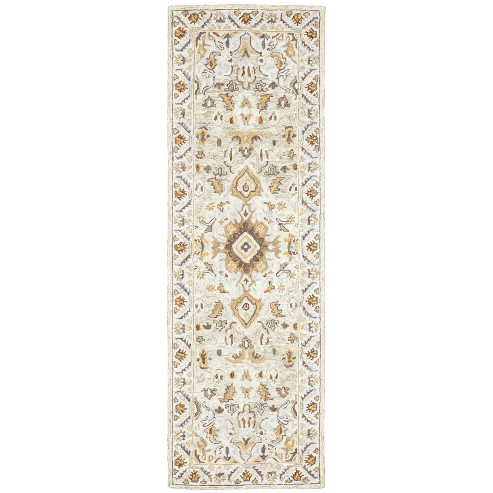 5' X 8' Ivory Beige Gold And Muted Grey Oriental Tufted Handmade Stain Resistant Area Rug