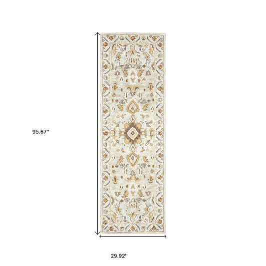 5' X 8' Ivory Beige Gold And Muted Grey Oriental Tufted Handmade Stain Resistant Area Rug