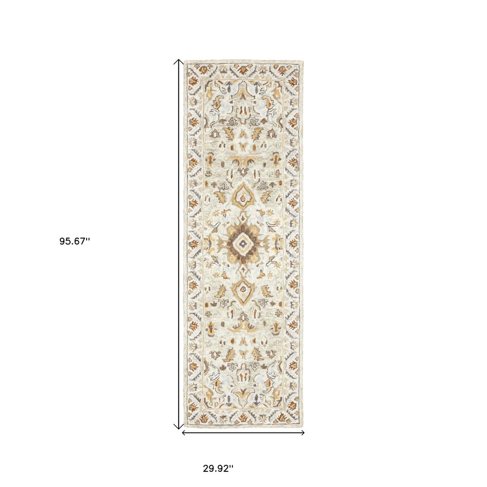 5' X 8' Ivory Beige Gold And Muted Grey Oriental Tufted Handmade Stain Resistant Area Rug