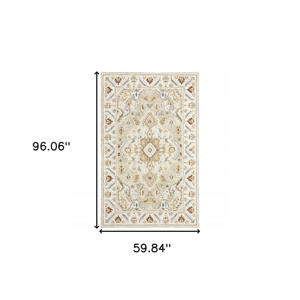 5' X 8' Ivory Beige Gold And Muted Grey Oriental Tufted Handmade Stain Resistant Area Rug