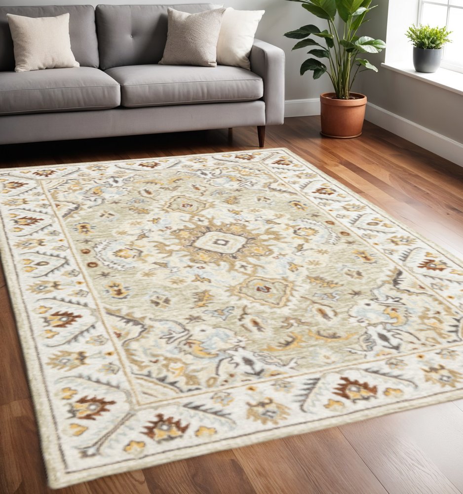 5' X 8' Ivory Beige Gold And Muted Grey Oriental Tufted Handmade Stain Resistant Area Rug