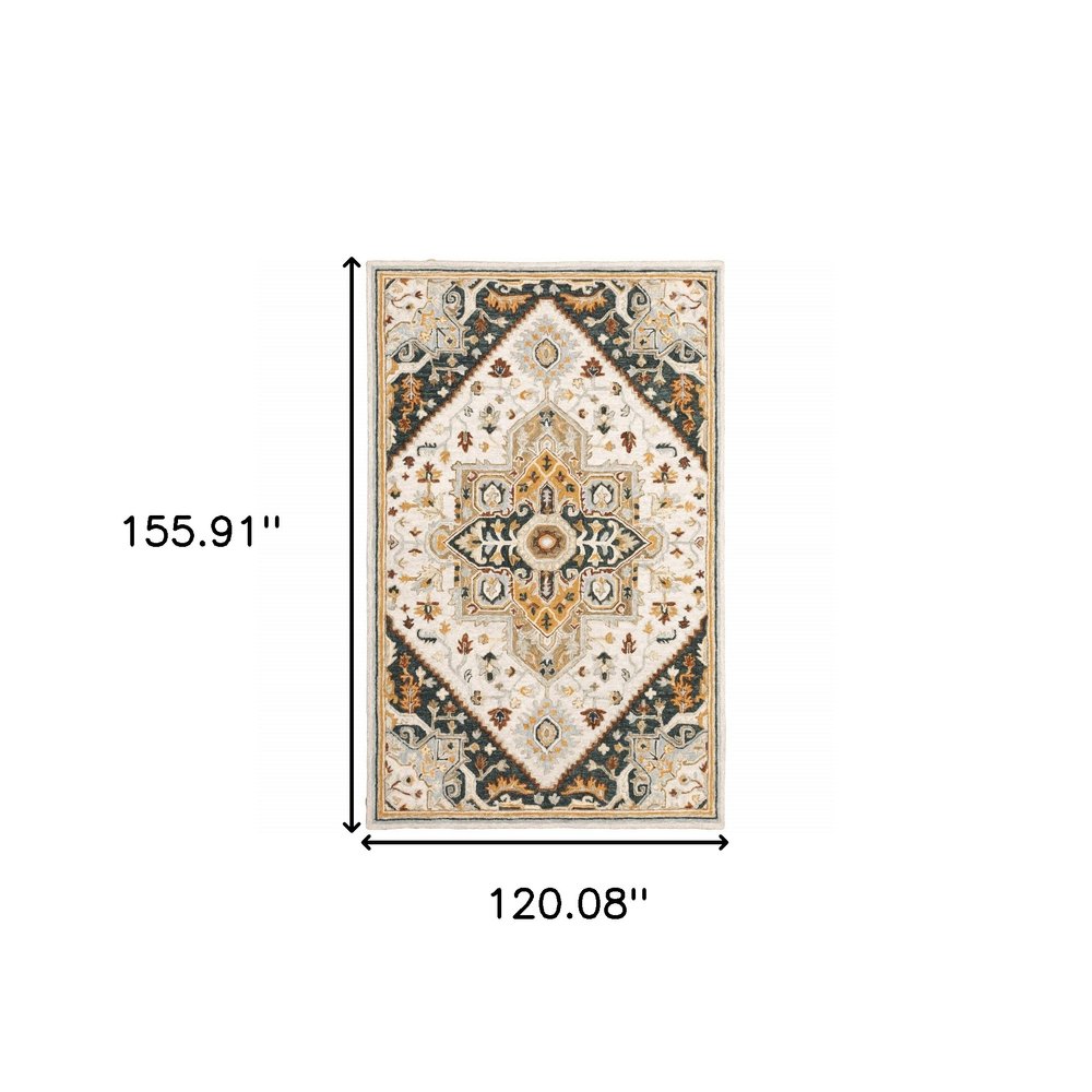 5' X 8' Navy Rust Blue Ivory And Gold Oriental Tufted Handmade Stain Resistant Area Rug