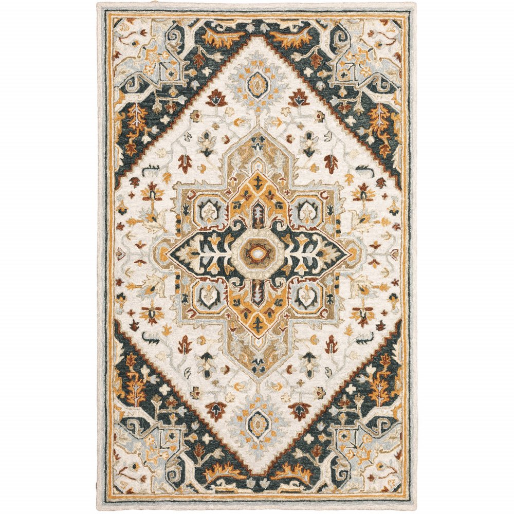 5' X 8' Navy Rust Blue Ivory And Gold Oriental Tufted Handmade Stain Resistant Area Rug