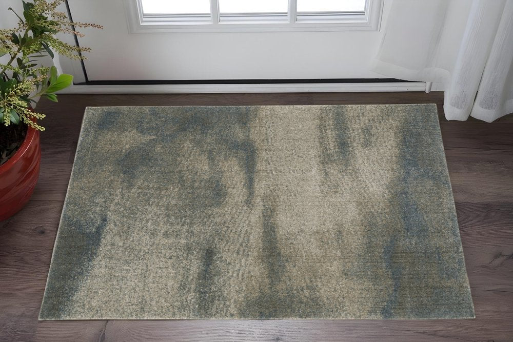8' Beige And Blue Abstract Distressed Runner Rug