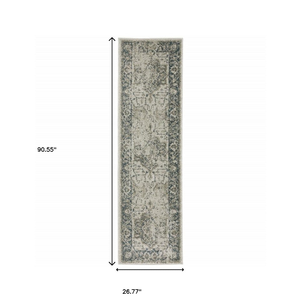 5' X 8' Beige And Blue Oriental Distressed Area Rug