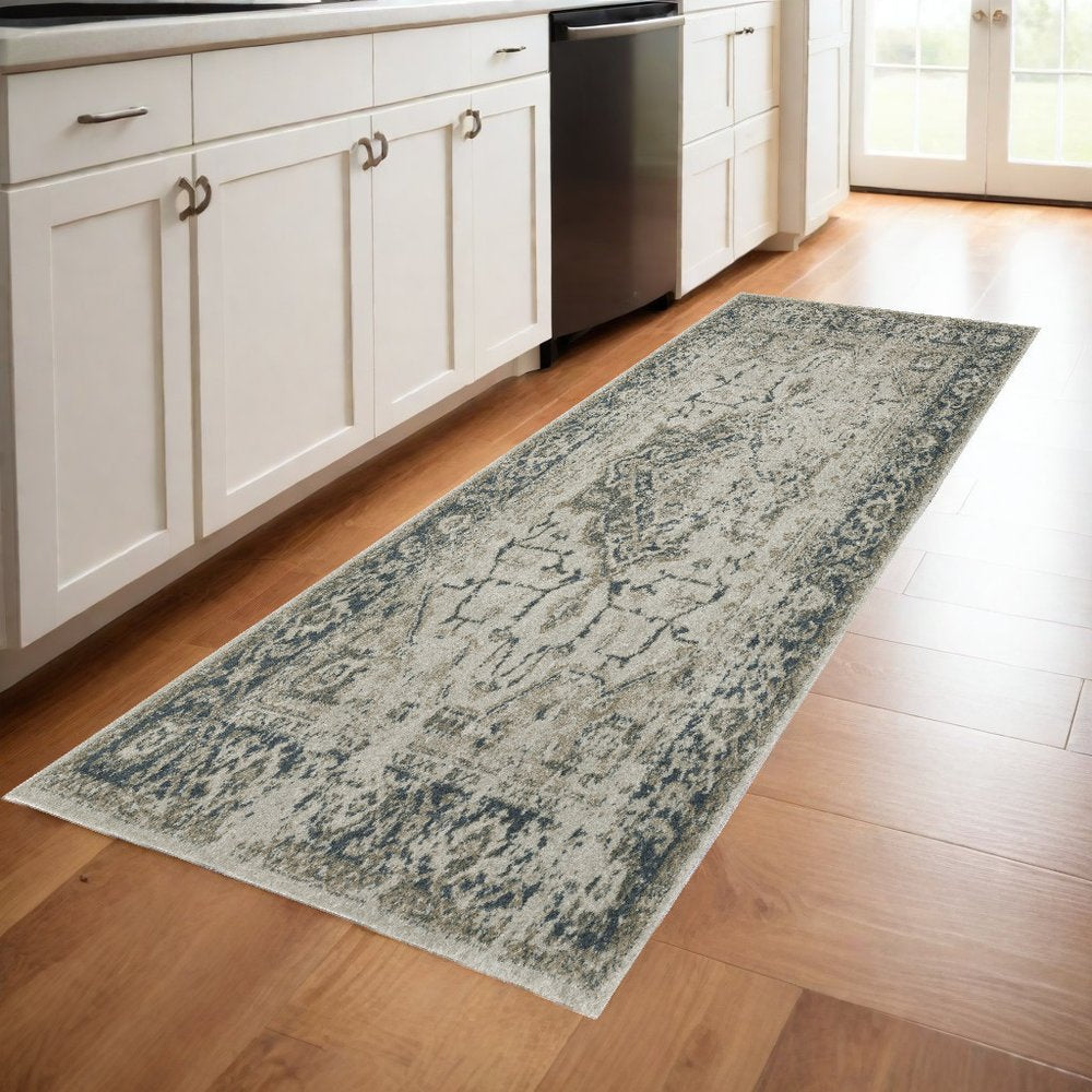 5' X 8' Beige And Blue Oriental Distressed Area Rug