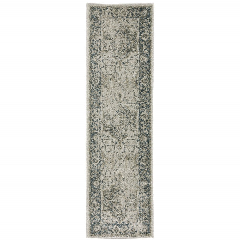 5' X 8' Beige And Blue Oriental Distressed Area Rug