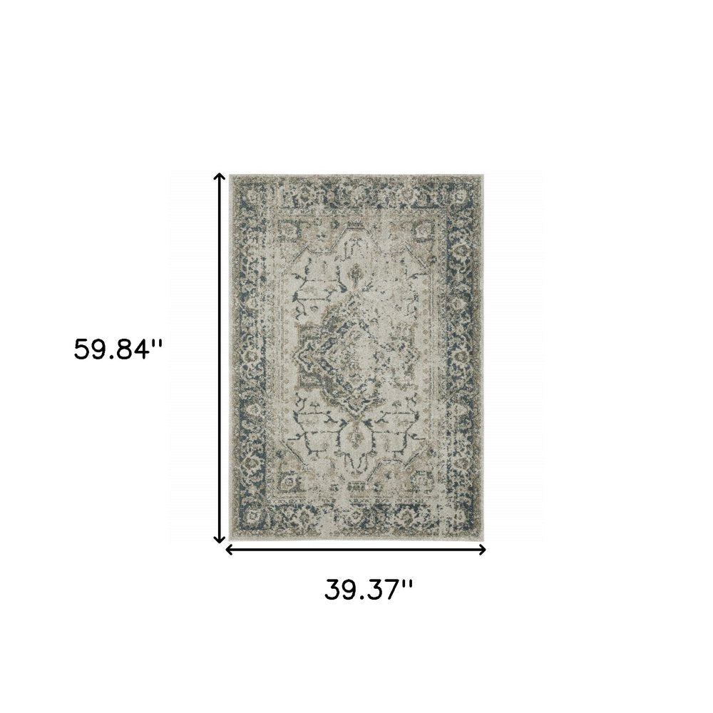 5' X 8' Beige And Blue Oriental Distressed Area Rug