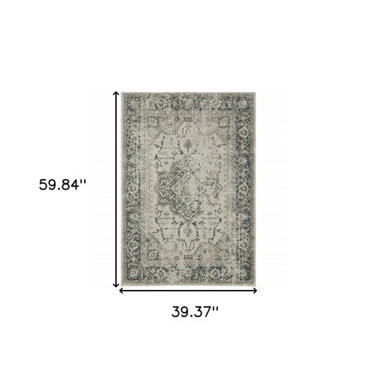 5' X 8' Beige And Blue Oriental Distressed Area Rug