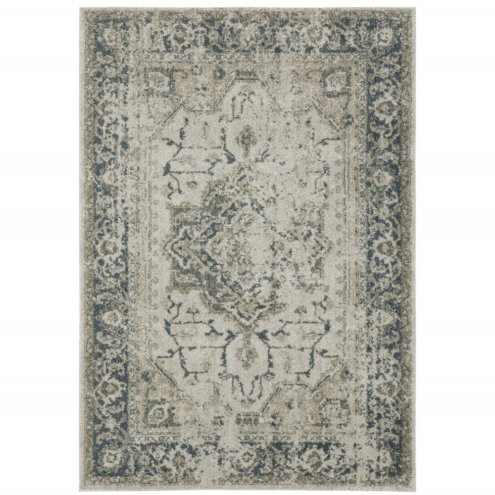 5' X 8' Beige And Blue Oriental Distressed Area Rug