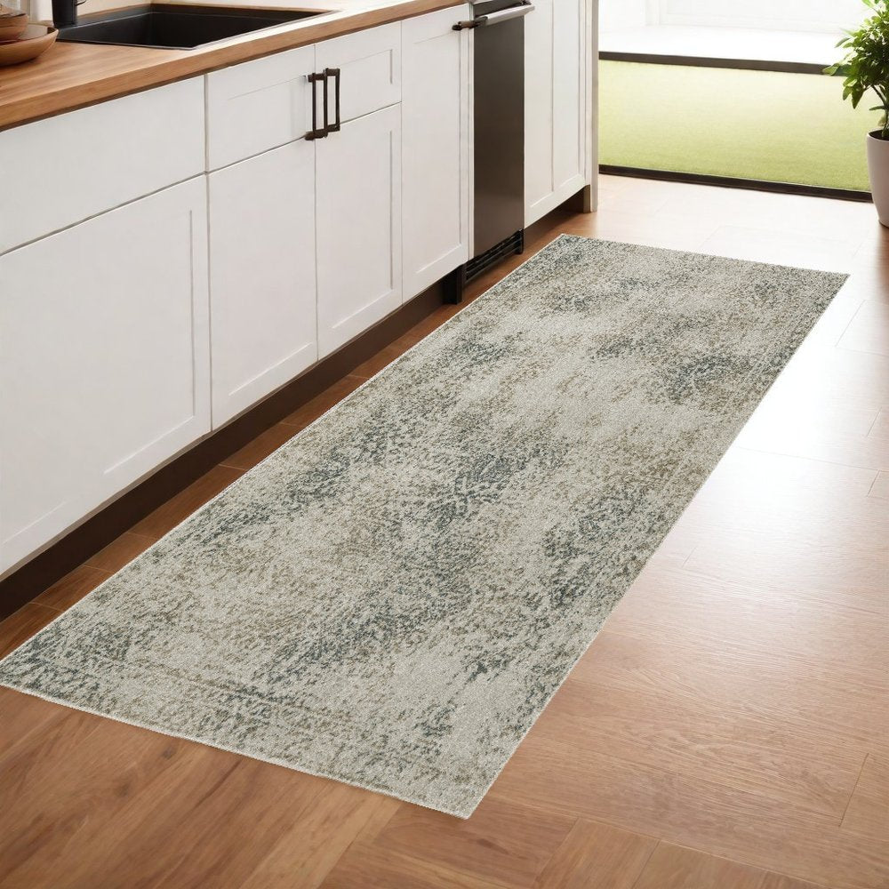 8' Beige And Gray Oriental Distressed Runner Rug