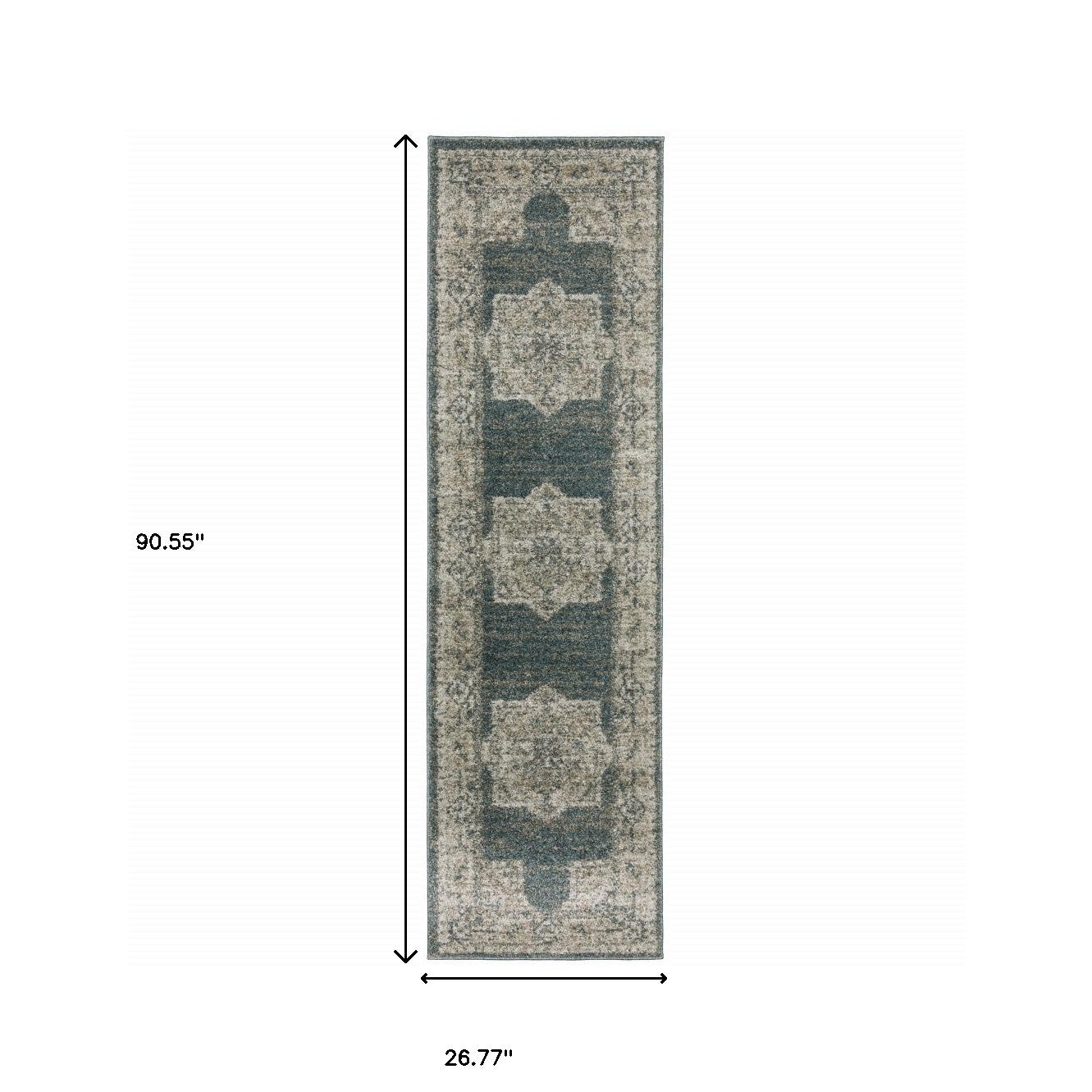 8' Blue And Beige Oriental Runner Rug