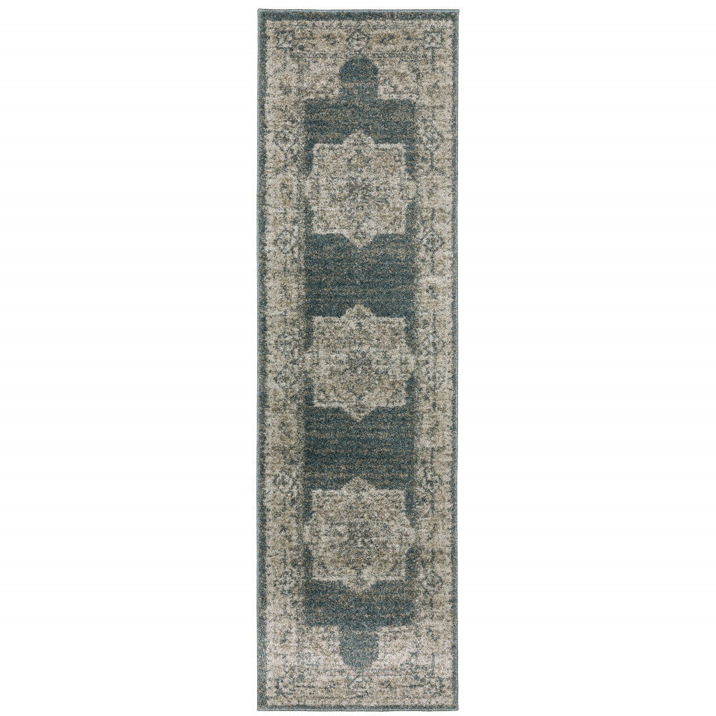 8' Blue And Beige Oriental Runner Rug