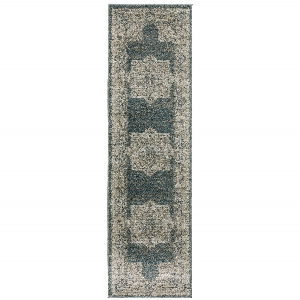 8' Blue And Beige Oriental Runner Rug