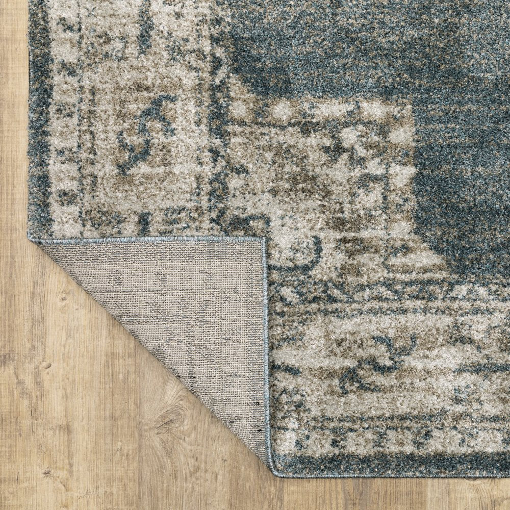8' Blue And Beige Oriental Runner Rug