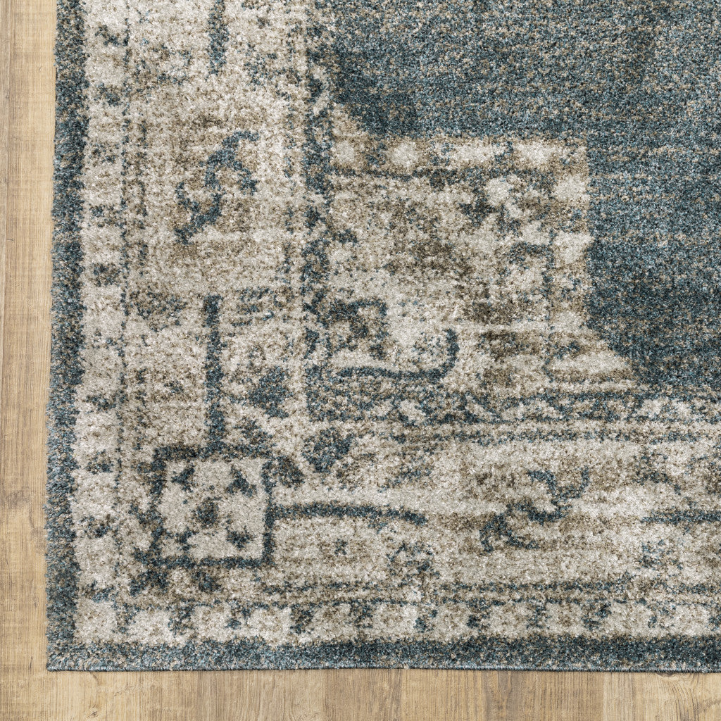 8' Blue And Beige Oriental Runner Rug