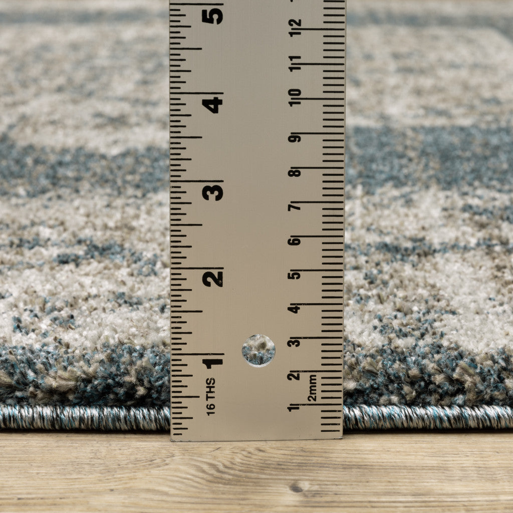 8' Blue And Beige Oriental Runner Rug