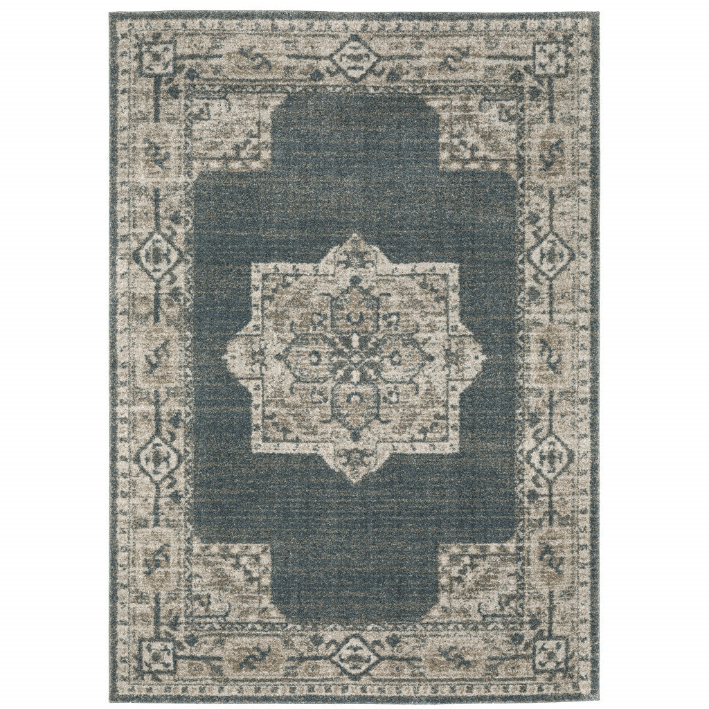 8' Blue And Beige Oriental Runner Rug