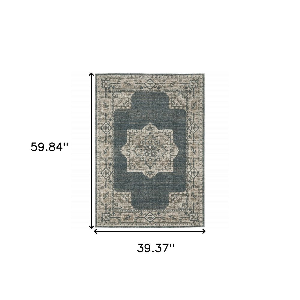 8' Blue And Beige Oriental Runner Rug