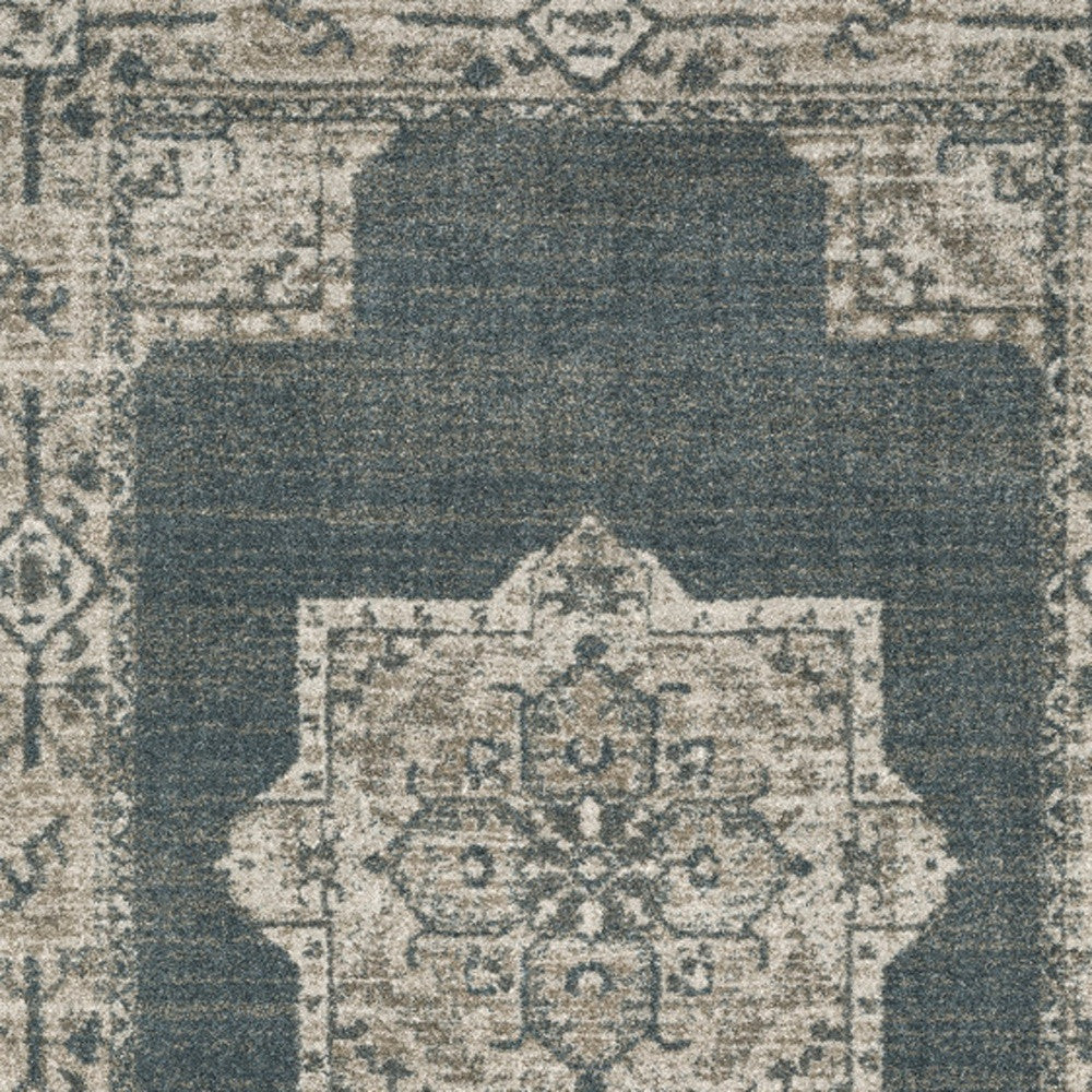 8' Blue And Beige Oriental Runner Rug