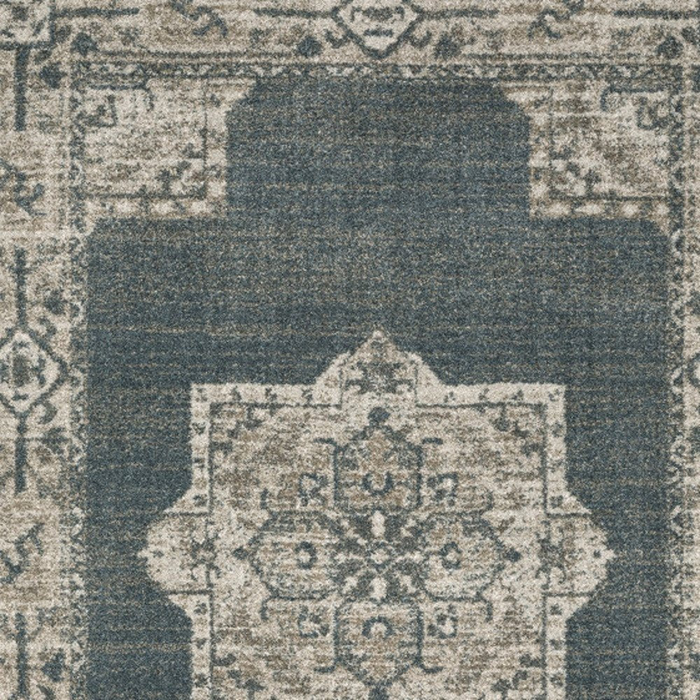 8' Blue And Beige Oriental Runner Rug