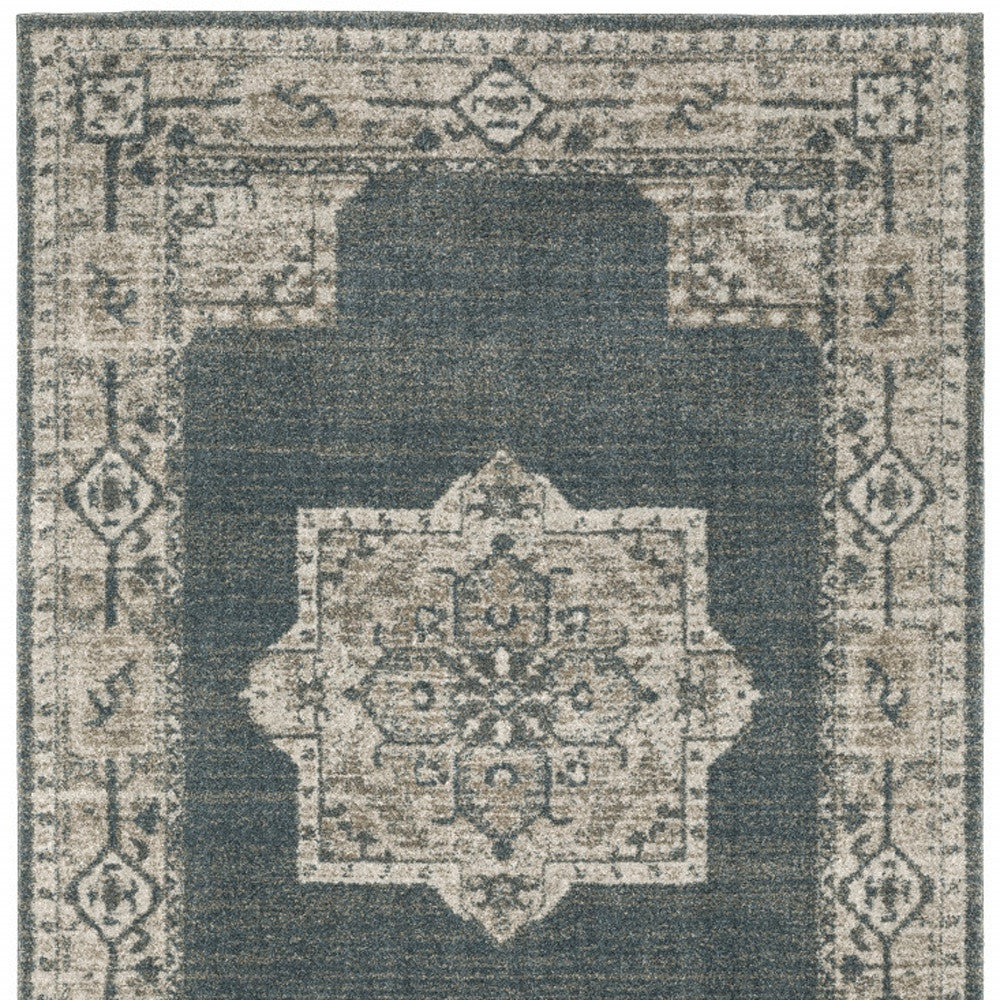 8' Blue And Beige Oriental Runner Rug