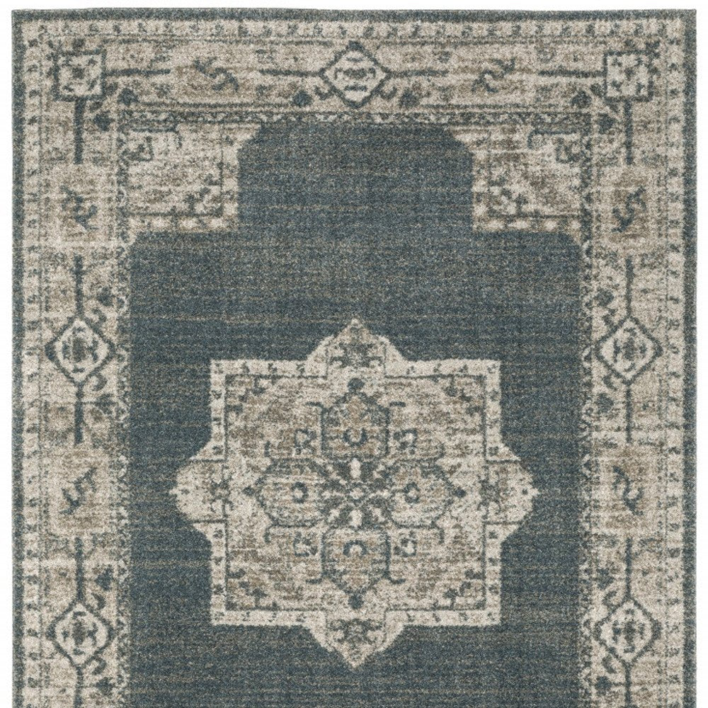 8' Blue And Beige Oriental Runner Rug