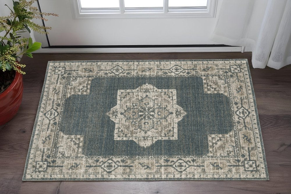 8' Blue And Beige Oriental Runner Rug