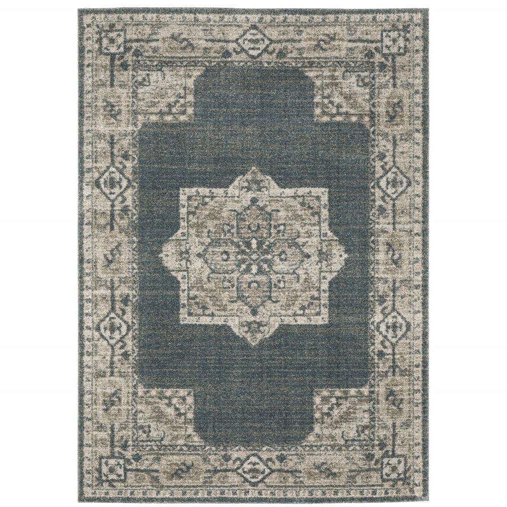 8' Blue And Beige Oriental Runner Rug
