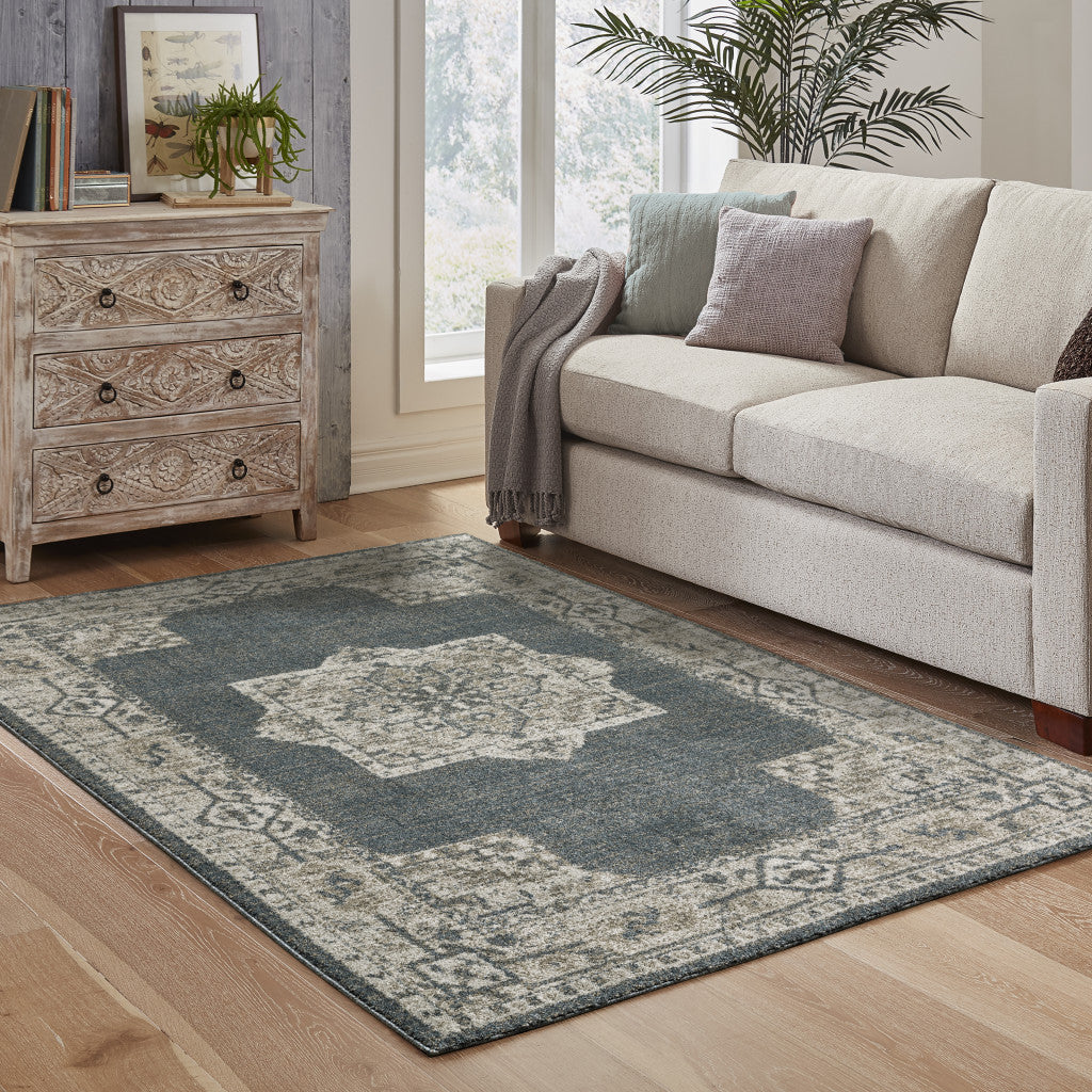 8' Blue And Beige Oriental Runner Rug