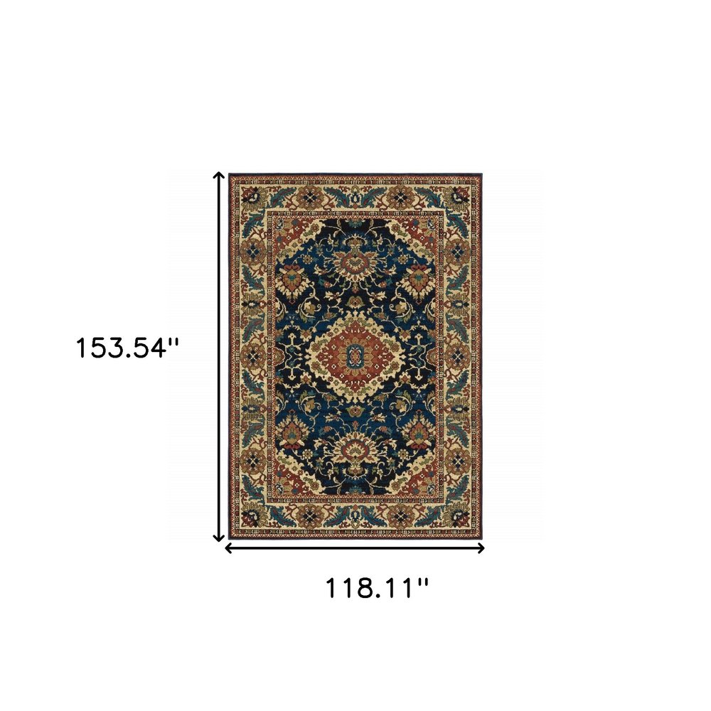10' X 13' Blue Red And Beige Oriental Power Loom Stain Resistant Area Rug