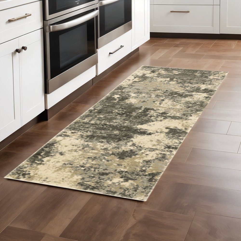 3' X 5' Charcoal Grey Beige And Tan Abstract Power Loom Stain Resistant Area Rug