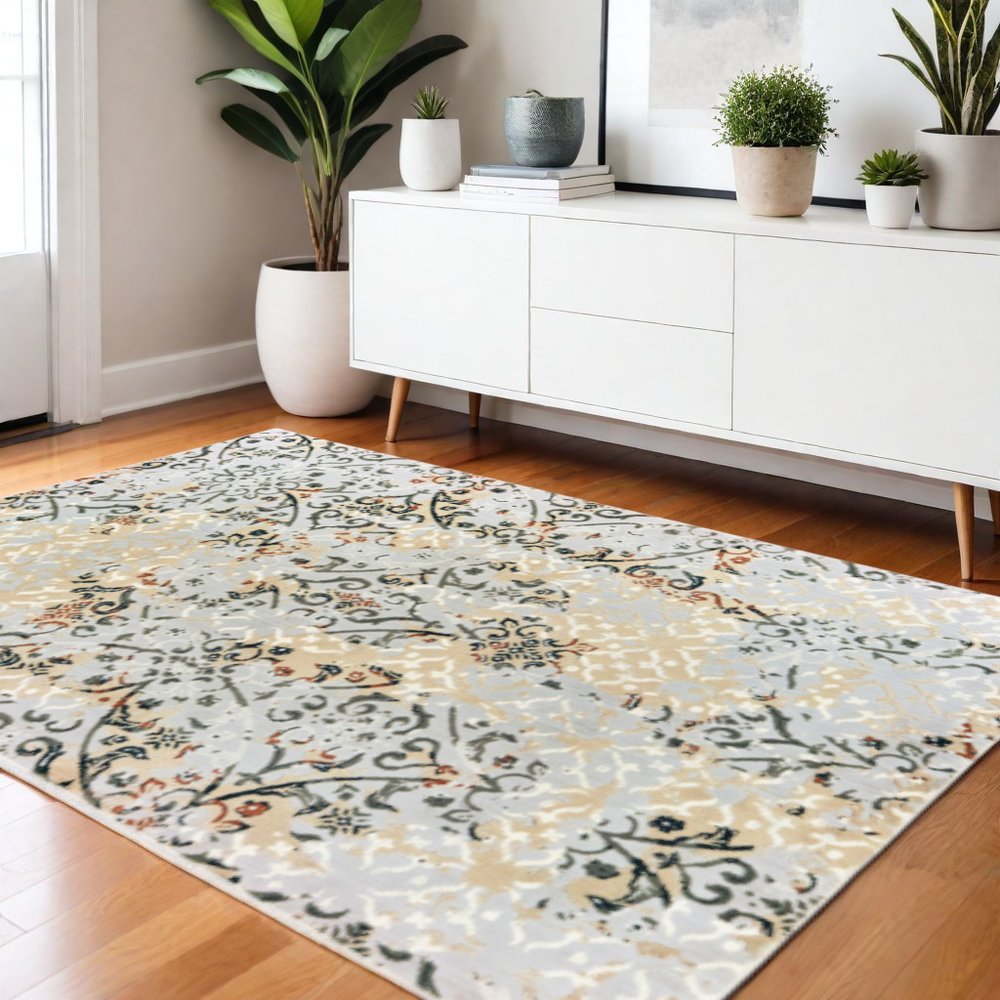 4' X 6' Grey And Gold Abstract Power Loom Stain Resistant Area Rug