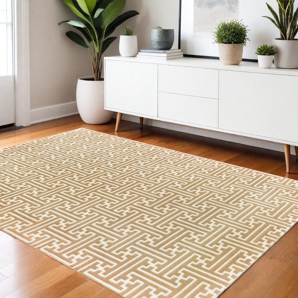 8' X 11' Gold And Ivory Geometric Area Rug