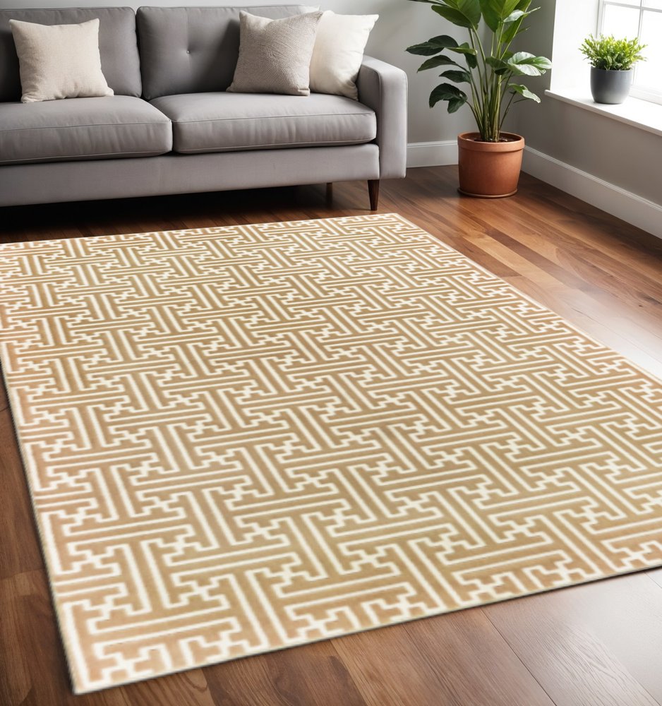 8' X 11' Gold And Ivory Geometric Area Rug