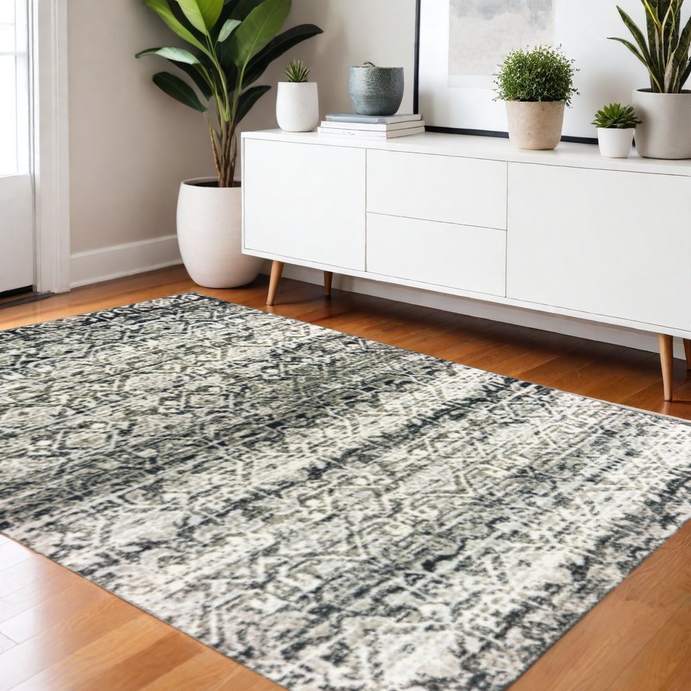 2' X 8' Grey And Ivory Geometric Power Loom Stain Resistant Runner Rug