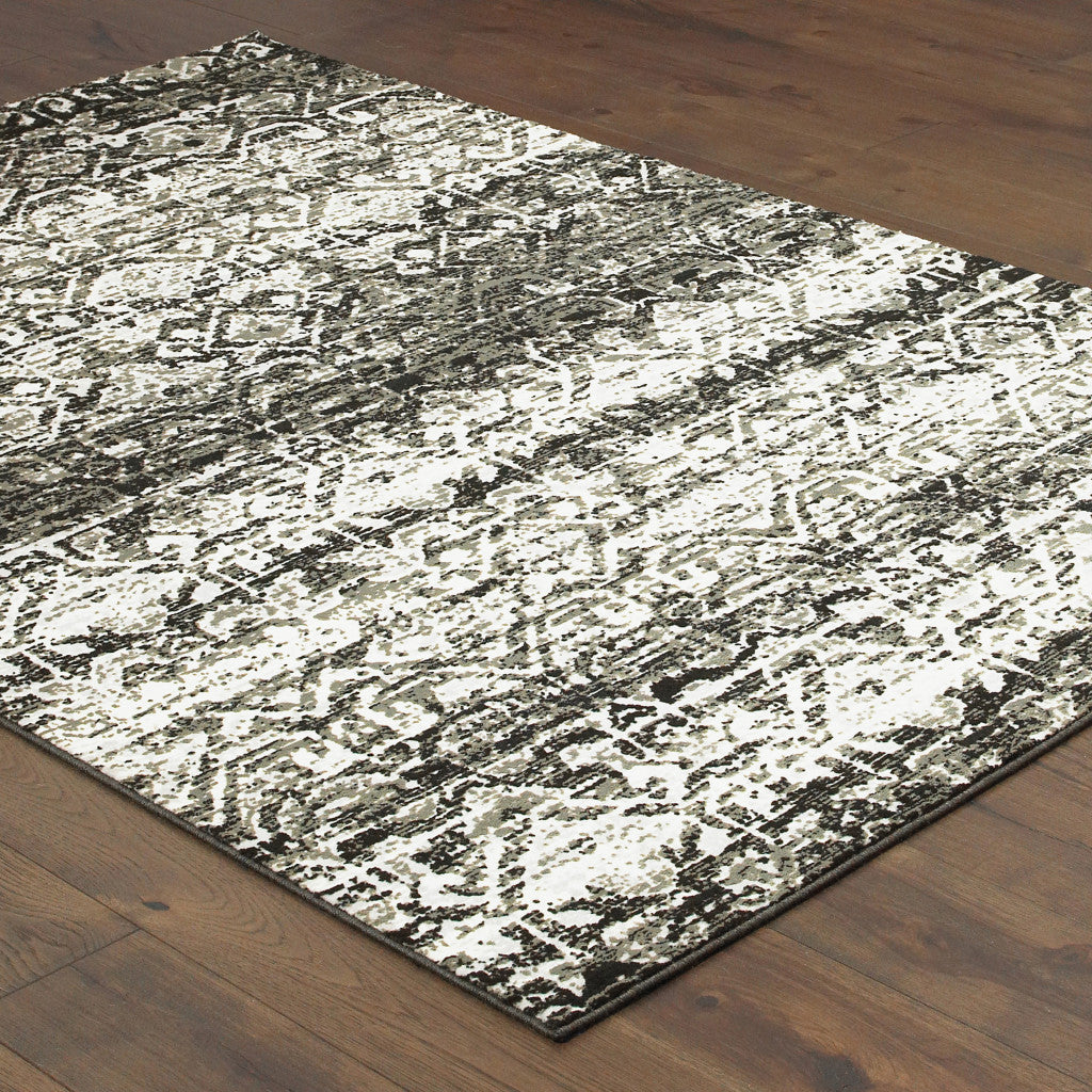 2' X 8' Grey And Ivory Geometric Power Loom Stain Resistant Runner Rug