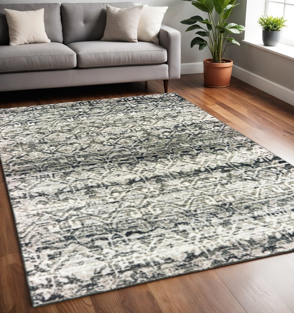 2' X 8' Grey And Ivory Geometric Power Loom Stain Resistant Runner Rug