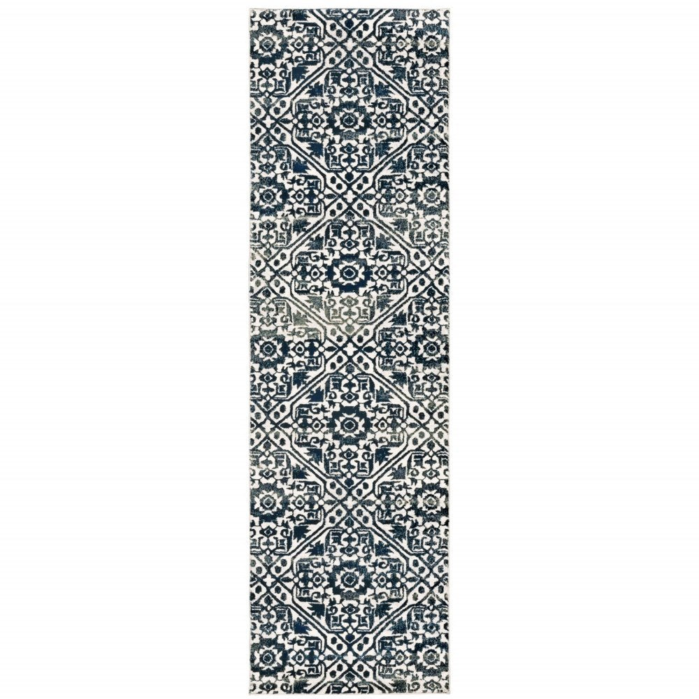 2' X 8' Navy And Ivory Geometric Power Loom Stain Resistant Runner Rug