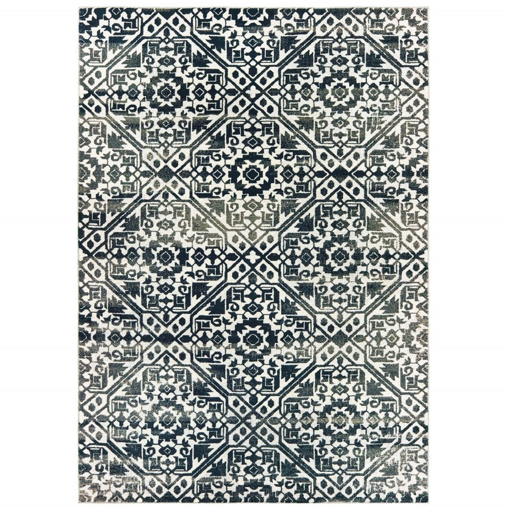 2' X 8' Navy And Ivory Geometric Power Loom Stain Resistant Runner Rug