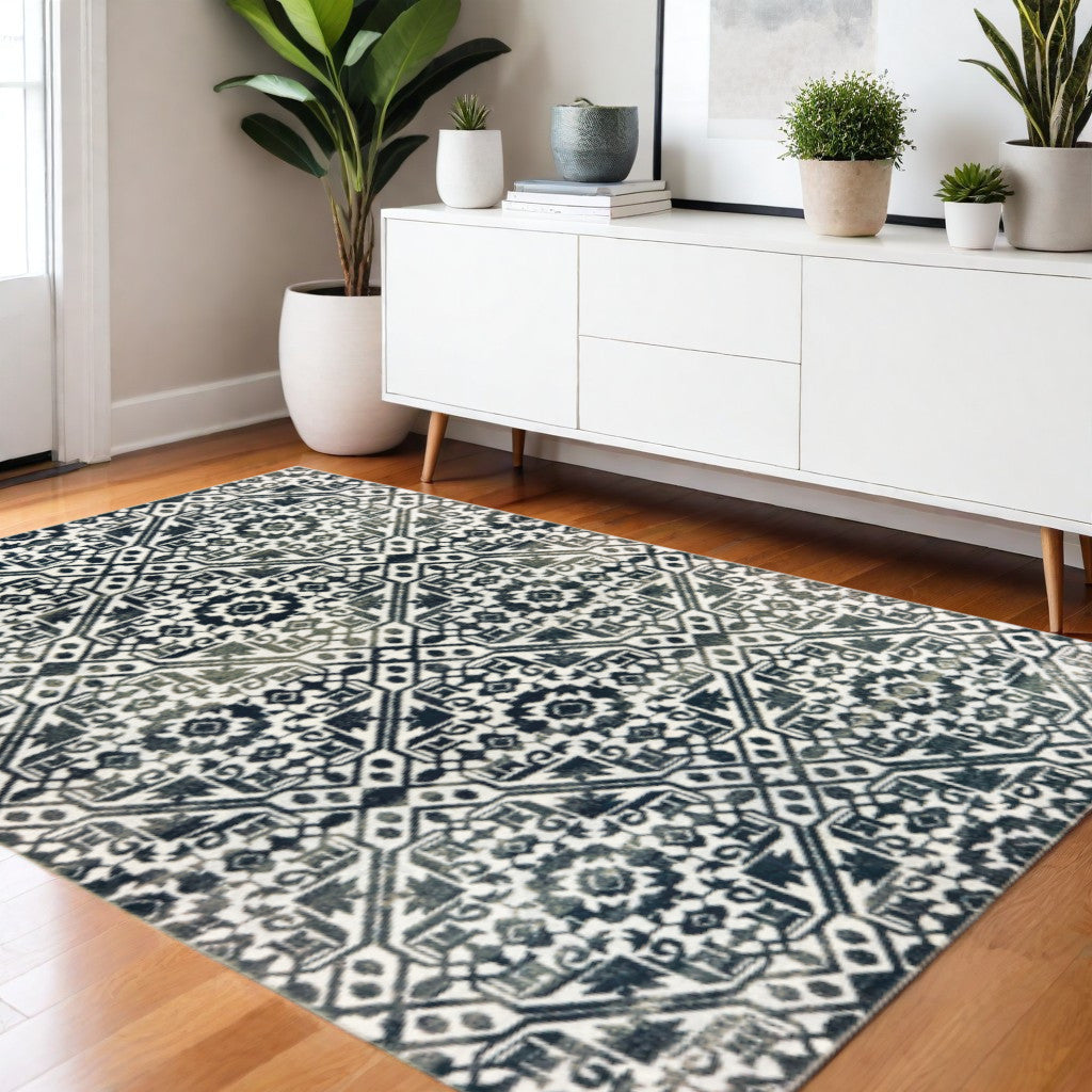 2' X 8' Navy And Ivory Geometric Power Loom Stain Resistant Runner Rug